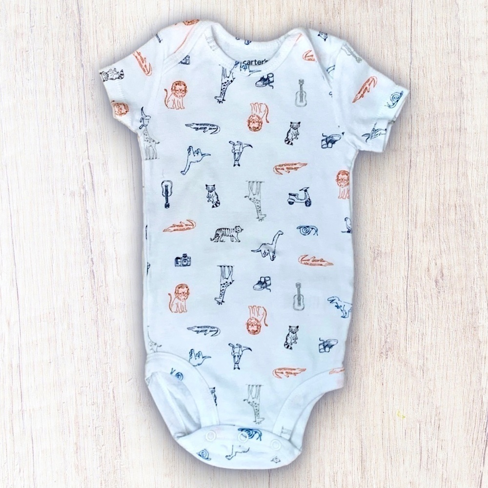Carter’s Short Sleeve Infant Onesie One Piece Safari Animal Cotton White Sz 6 Mo